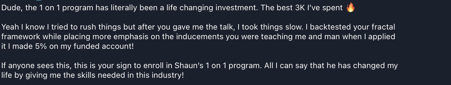 Client testimonial showcasing trading results